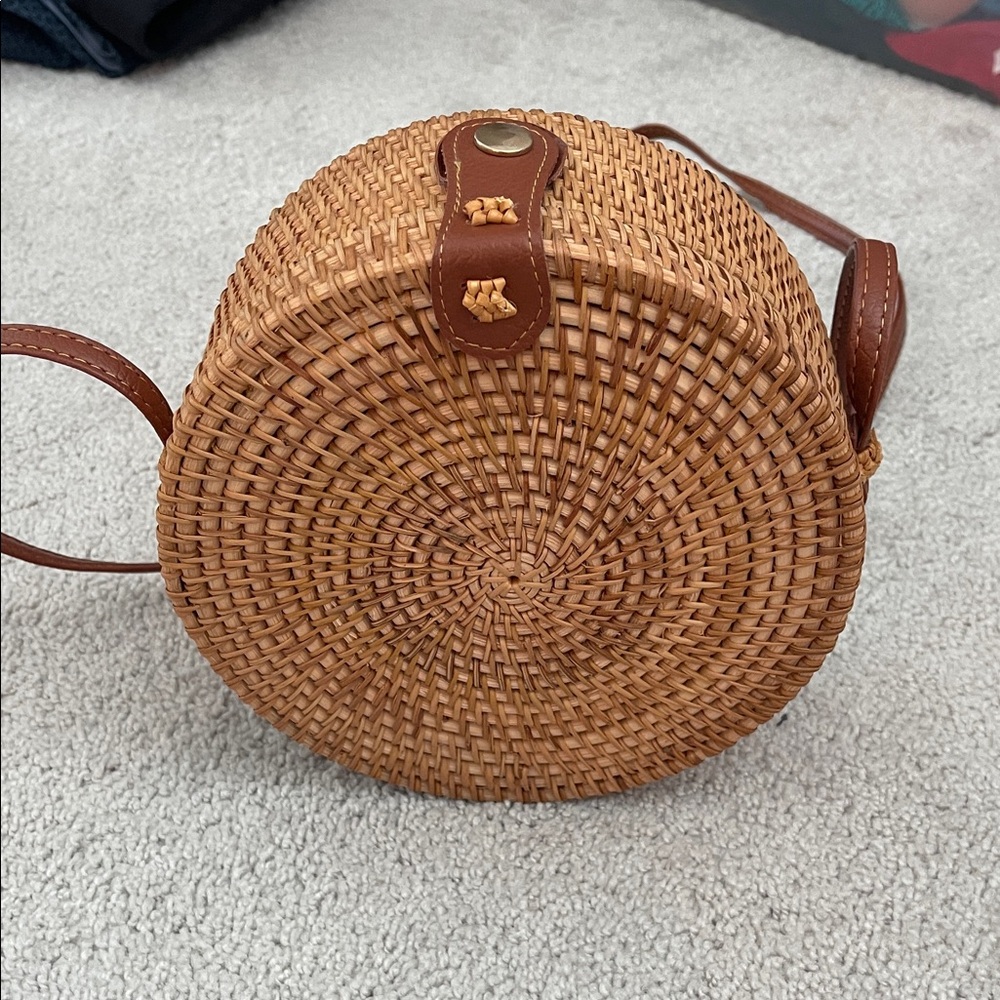 Round Woven Tan Crossbody Bag